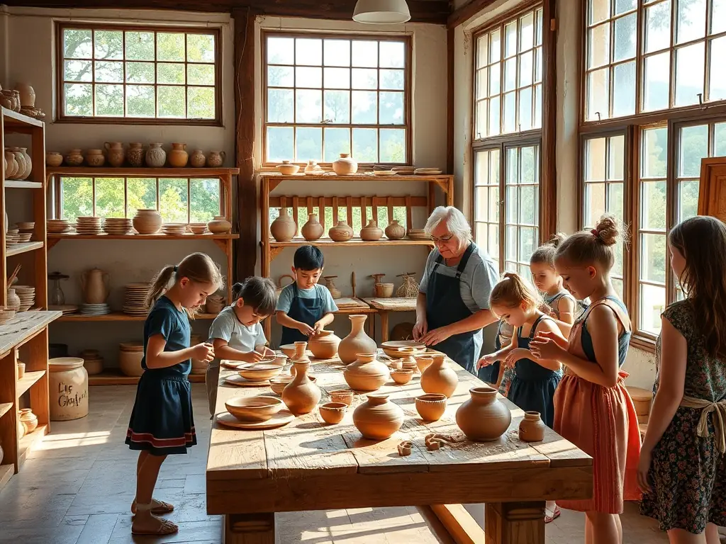 Photographie d’un atelier de poterie animé par un artisan local, avec des enfants et adultes modelant l’argile autour d’une grande table en bois, dans une salle lumineuse décorée d’objets traditionnels.