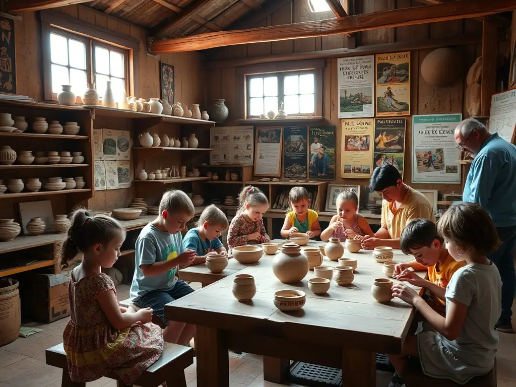 A group of children and adults participating in a hands-on pottery workshop inside a rustic community hall, surrounded by displays of local crafts and educational posters about rural heritage.