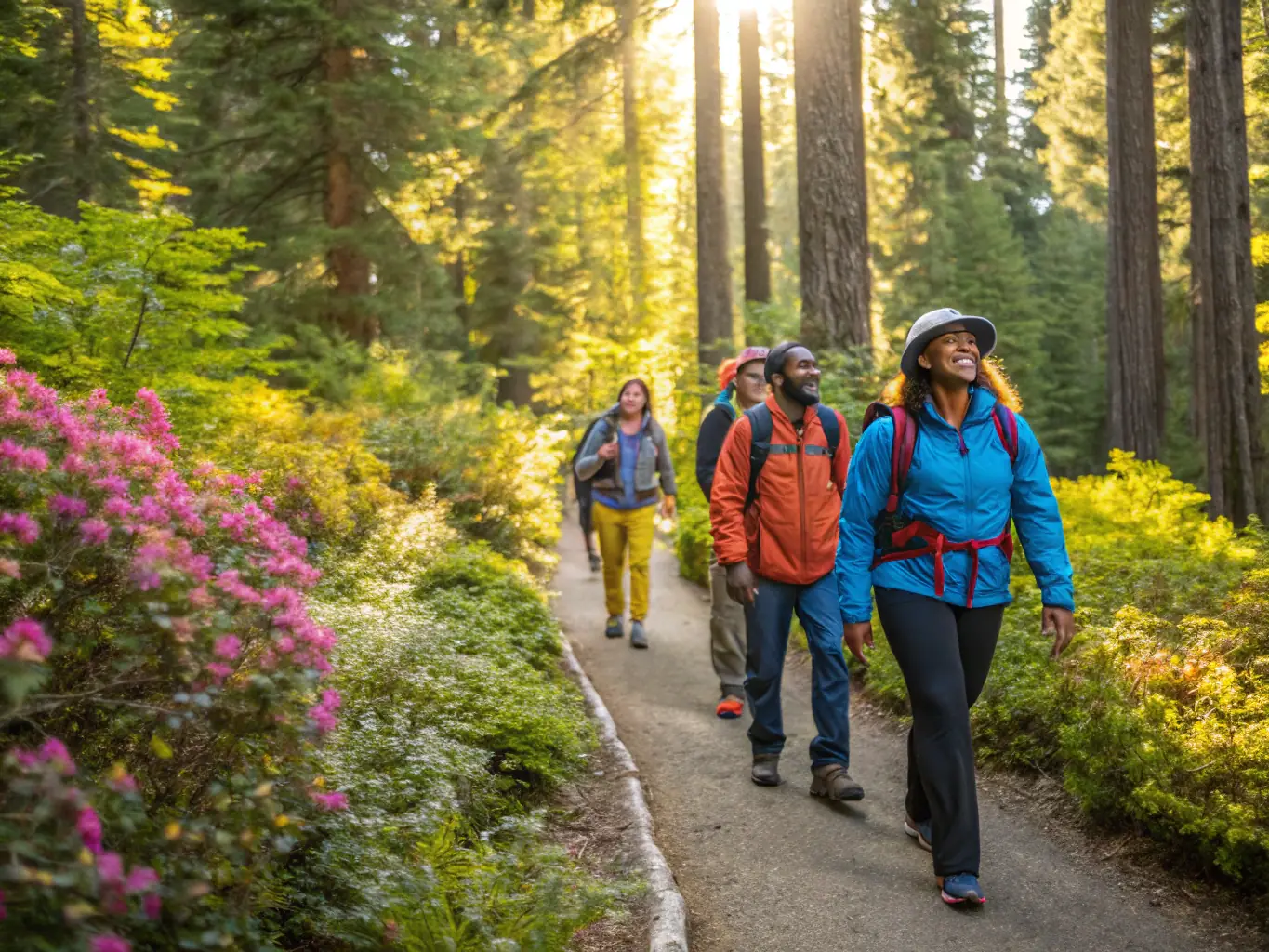 A peaceful rural landscape with people hiking along a marked nature trail, stopping at interpretive signs about local flora and fauna, with picnic areas and scenic viewpoints in the background.