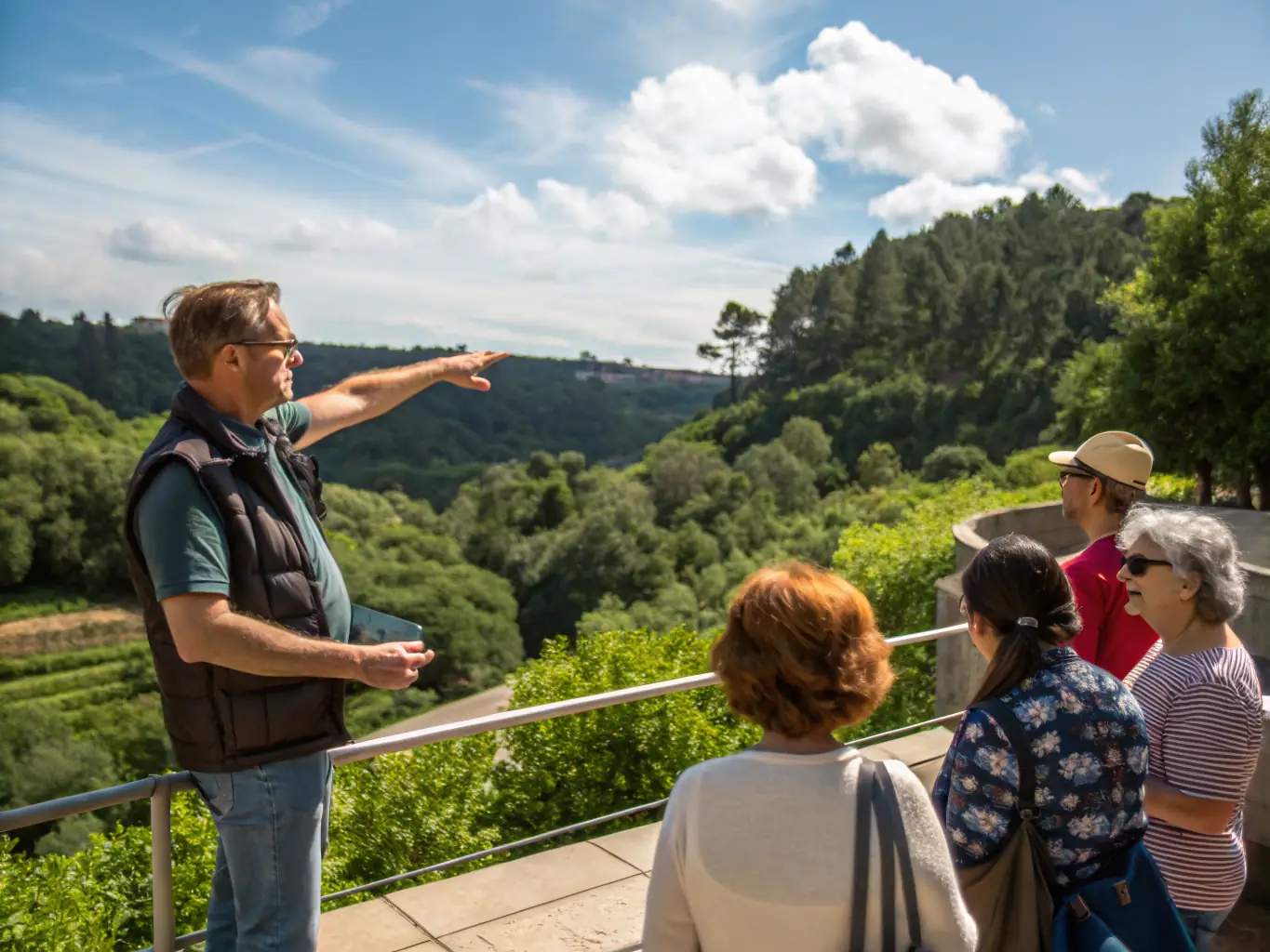 Image d’un groupe de visiteurs lors d’une visite guidée d’un site historique rural, avec un guide expliquant l’histoire devant une ancienne église en pierre entourée de verdure.