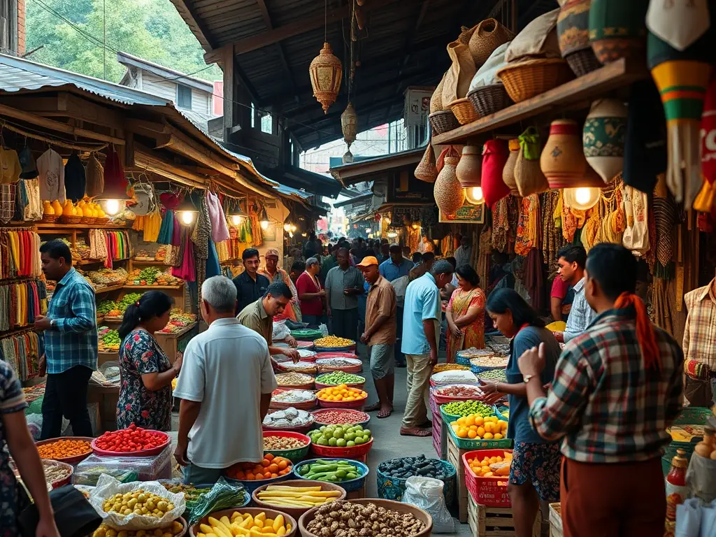 A festive outdoor gathering in a rural village square, with colorful stalls, local food tastings, folk music performances, and families enjoying community games under string lights.