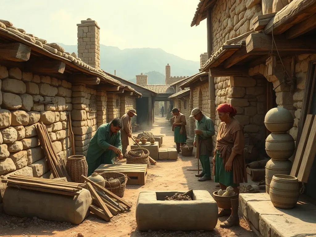 A group of volunteers carefully restoring an old stone washhouse in a picturesque rural French village, surrounded by lush greenery and traditional houses, capturing the spirit of heritage preservation.