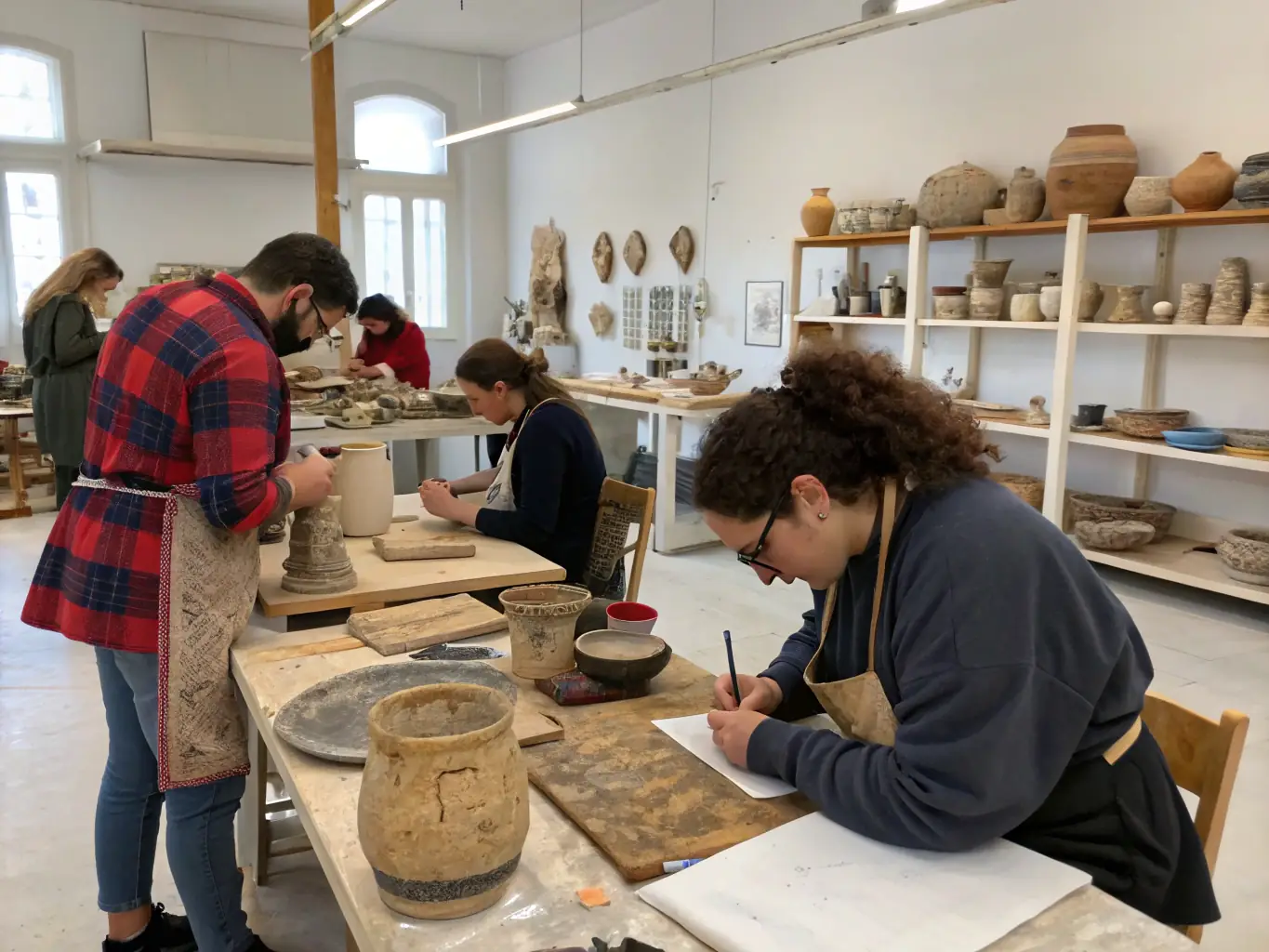A lively workshop scene with adults and children learning traditional pottery and weaving techniques, guided by a local artisan in a bright, welcoming community hall.