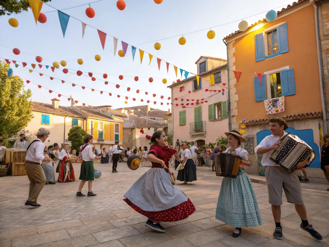 A vibrant outdoor festival in a rural French village square, with families, children, and seniors enjoying traditional music, local food stalls, and artisan demonstrations under colorful banners.