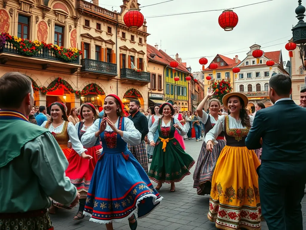 Photo d’une fête de village en plein air, avec des habitants en costume traditionnel dansant sur une place décorée de guirlandes, stands de produits du terroir et public familial souriant.
